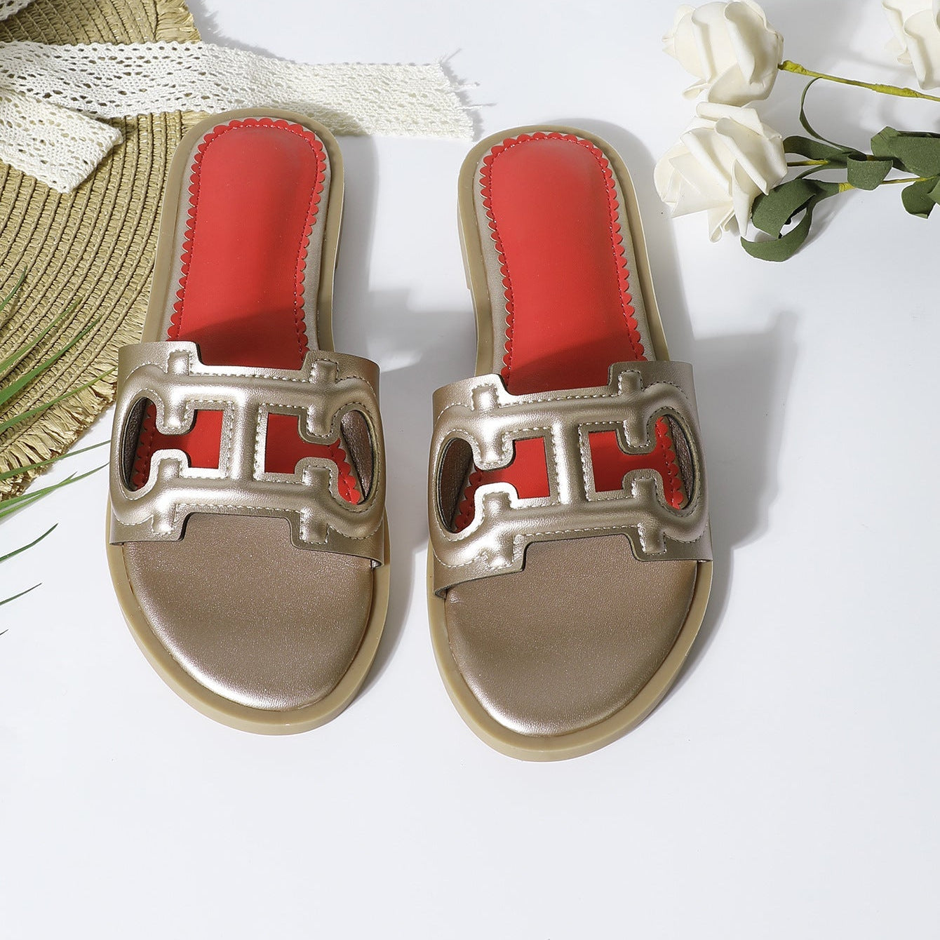 Women’s Flat Sandals – Faux Leather – Cut-Out Strap – Slip-On Open Toe Casual Fit