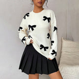 Women’s Pullover Sweater – Knitted Wool Blend – Relaxed Fit – Bow Detail – Crew Neck