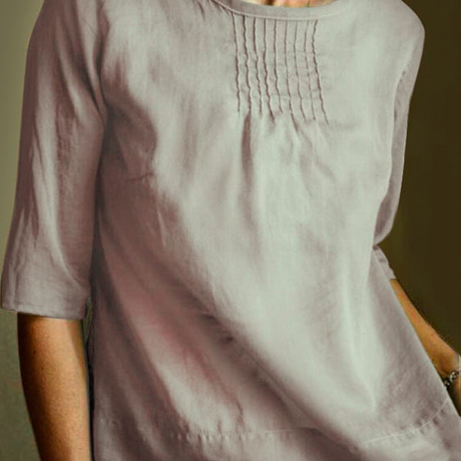 Women’s Blouse – Cotton Linen Blend – Loose Fit – 3/4 Sleeve – Pleated Front