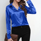 Women’s Blouse – Satin – Relaxed Fit – Long Sleeve V-Neck Button-Down