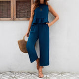 Women’s Trousers Suit Set – Sleeveless Top – Ruffled Waist – Wide Leg – Breathable Blend