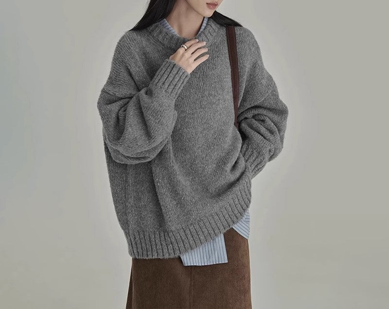 Women’s Pullover Sweater – Knitted Wool – Oversized Fit – Crew Neck – Ribbed Trim