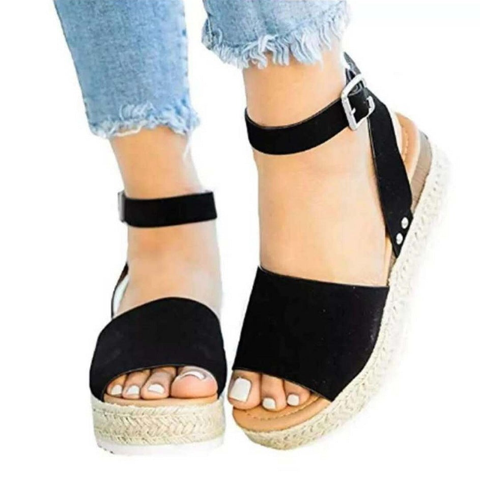 Women’s Wedge Sandals – Platform Sole – Jute Wrapped Heel – Ankle Strap – Cushioned Footbed