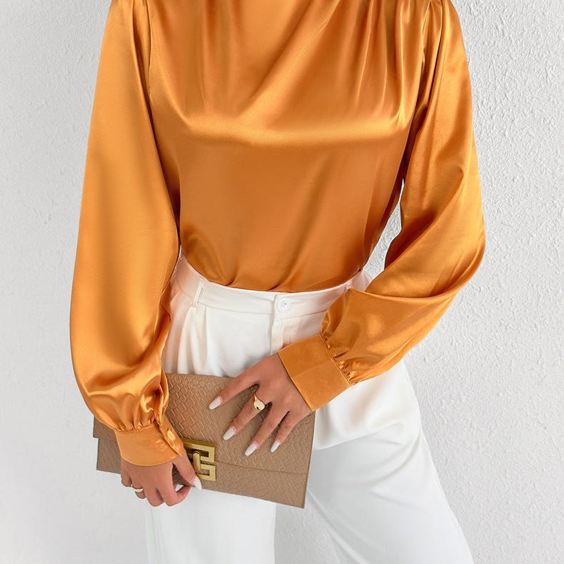Women’s Satin Blouse – Relaxed Fit – High Neck – Long Sleeve – Minimalist Elegant Style