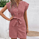 Women’s Short Sleeve Romper – Button Front – Fine Stripe – Waist Tie – Side Pockets