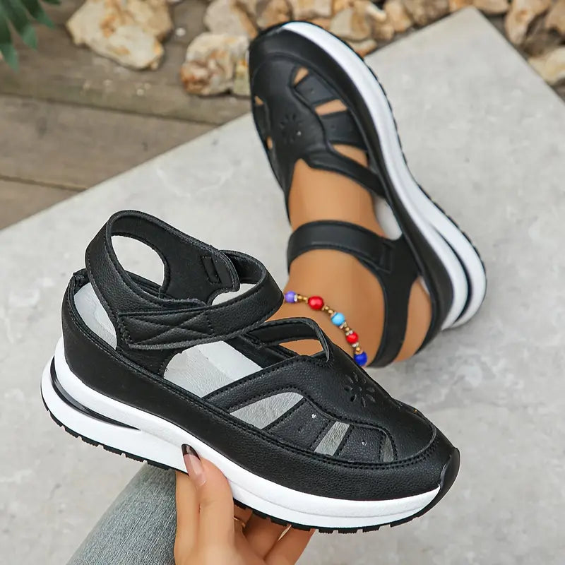 Women’s Sandals – Synthetic Leather – Cut-Out Design – Velcro Strap – Platform Sole