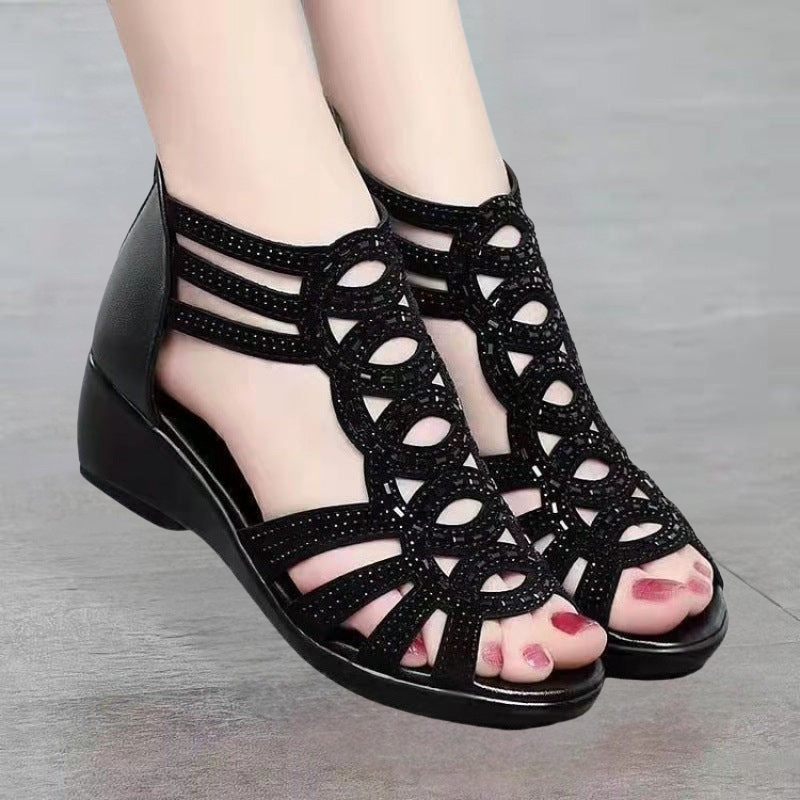 Women’s Mid-Heel Sandals – Rhinestone Embellished – Gladiator Cut-Out – Ankle Strap