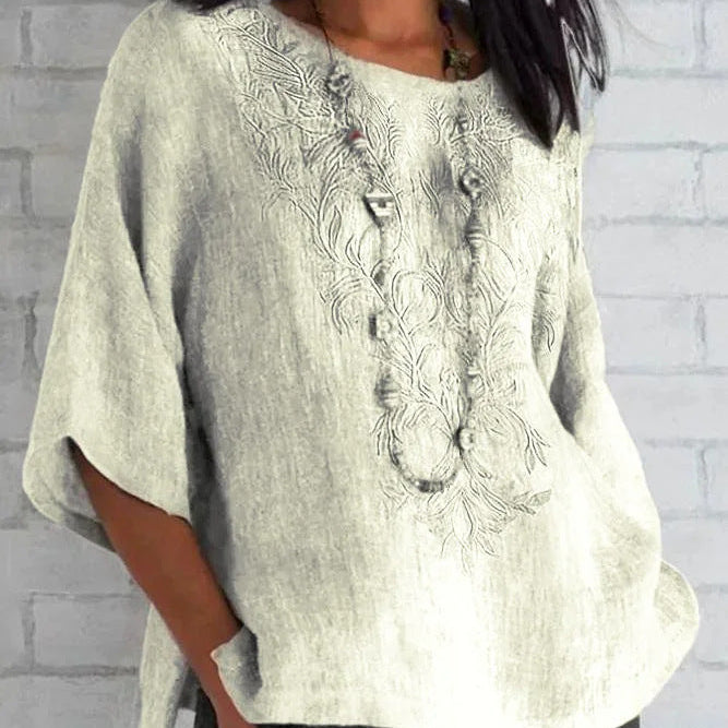Women’s Blouse – Relaxed Fit – Embroidered Front – Short Sleeve – Natural Fibers