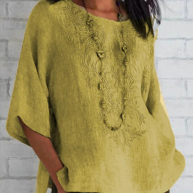 Women’s Blouse – Relaxed Fit – Embroidered Front – Short Sleeve – Natural Fibers