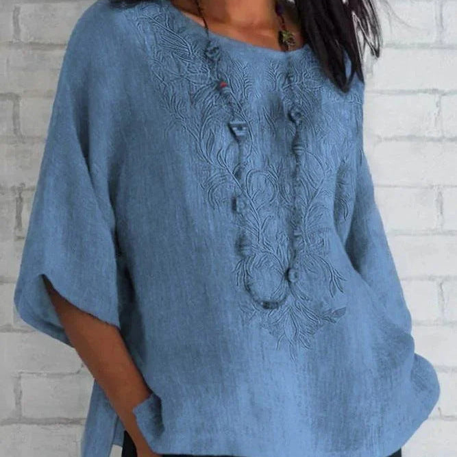 Women’s Blouse – Relaxed Fit – Embroidered Front – Short Sleeve – Natural Fibers