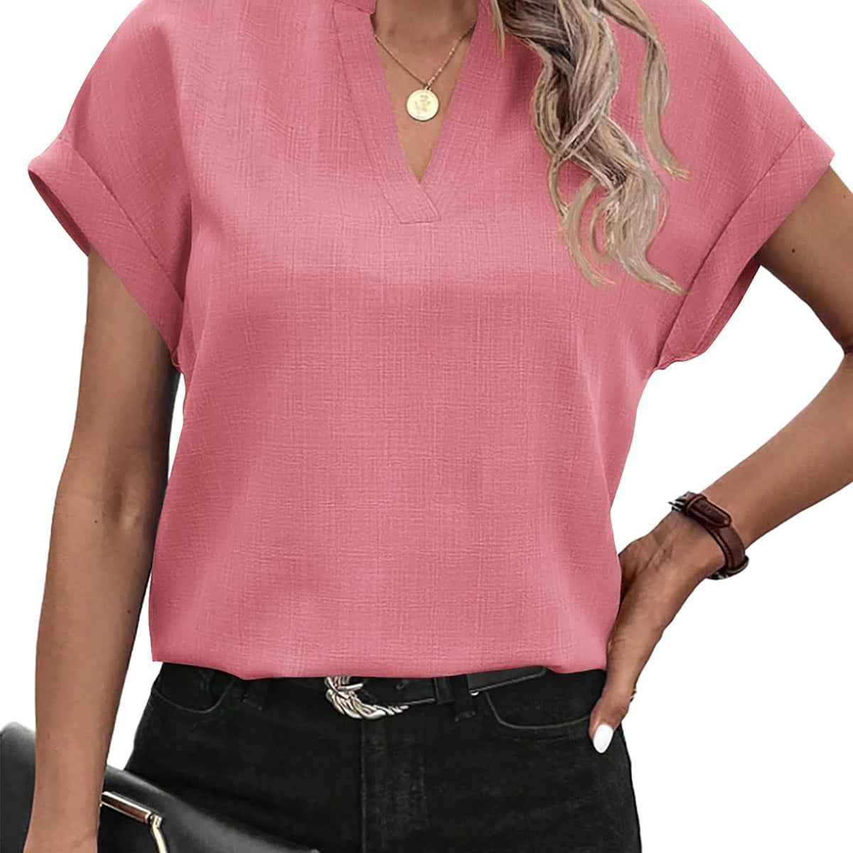 Women's Blouse - Loose Fit - V-Neck - Short Sleeve Lightweight Casual Wear