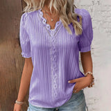 Women's Blouse - Lightweight Pleated Fabric - V-Neck Lace Detail - Short Puffed Sleeves