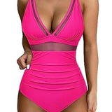 Women’s Swimsuit – Fitted One-Piece – Plunging Neckline – Mesh Panels – High-Cut Leg