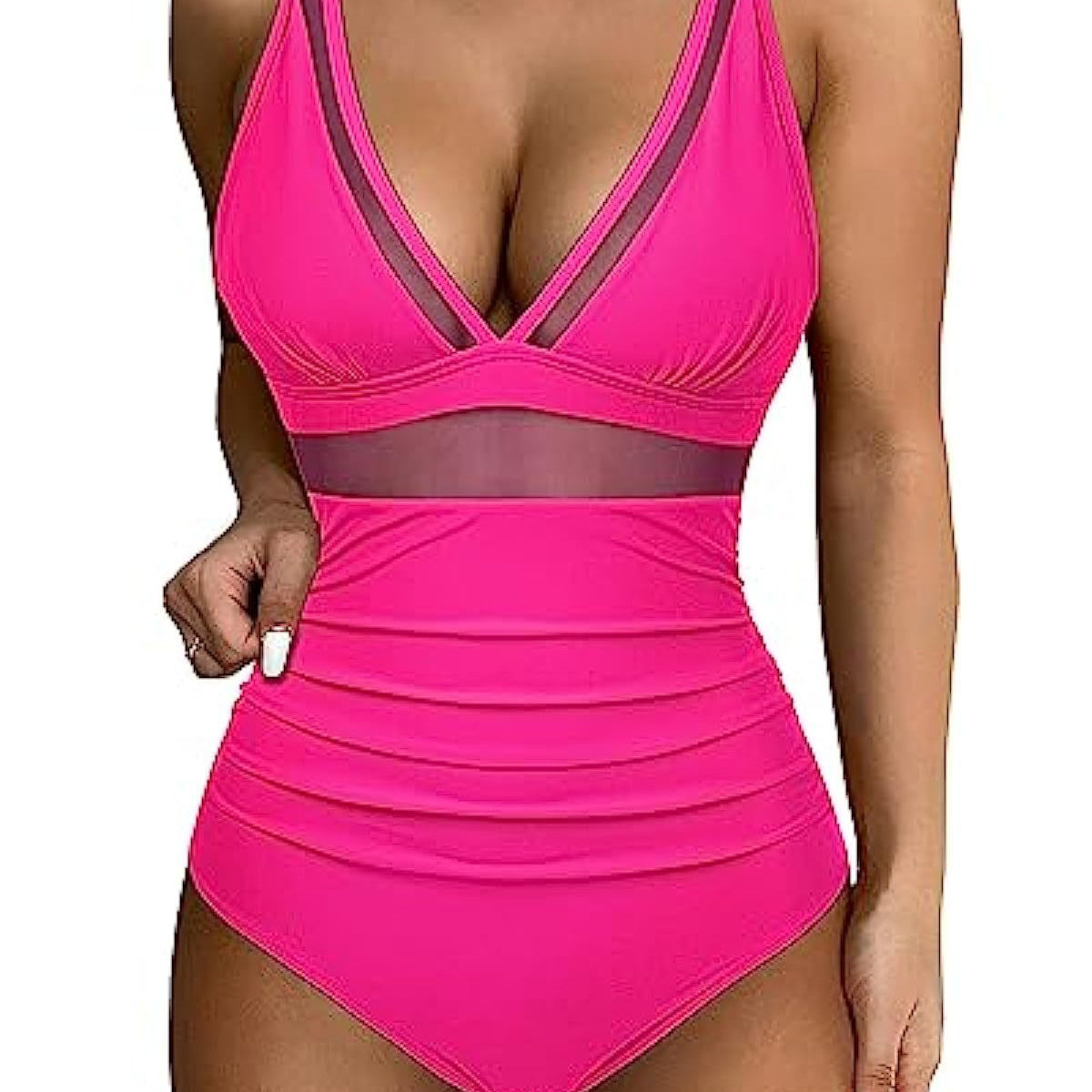 Women’s Swimsuit – Fitted One-Piece – Plunging Neckline – Mesh Panels – High-Cut Leg