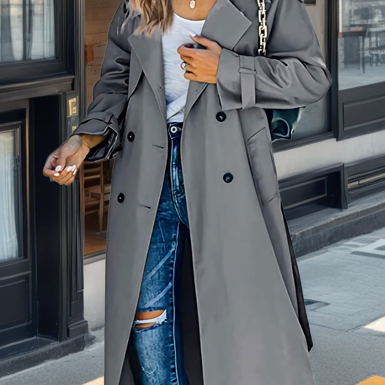 Women’s Trench Coat – Relaxed Fit – Double-Breasted – Belted Waist – Breathable Blend