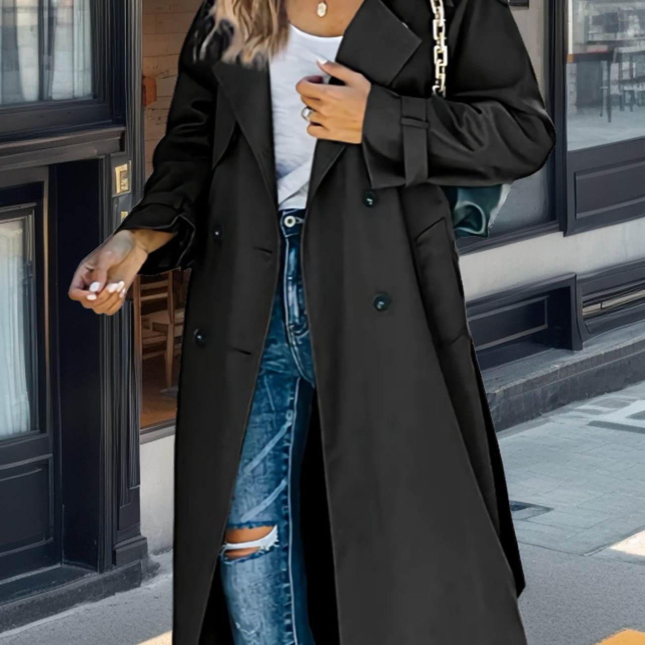 Women’s Trench Coat – Relaxed Fit – Double-Breasted – Belted Waist – Breathable Blend