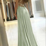 Women's Evening Prom Gown - Floor-Length Satin - Spaghetti Straps - Square Neck - High Slit