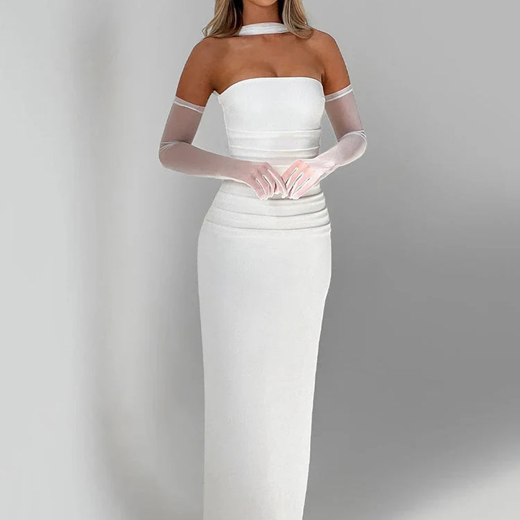 Women's Evening Prom Dress - Strapless Floor-Length - Column Silhouette - Halter Scarf Detail