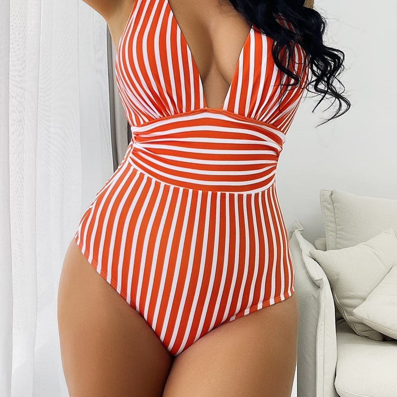 Women’s One-Piece Swimsuit – Sleek Fit – Deep V-Neck – Vertical Striped – Stretch Fabric