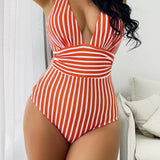Women’s One-Piece Swimsuit – Sleek Fit – Deep V-Neck – Vertical Striped – Stretch Fabric