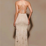 Women's Evening Prom Gown - Sleeveless Spaghetti Straps - V-Neck Floral Embellished Elegant Wear