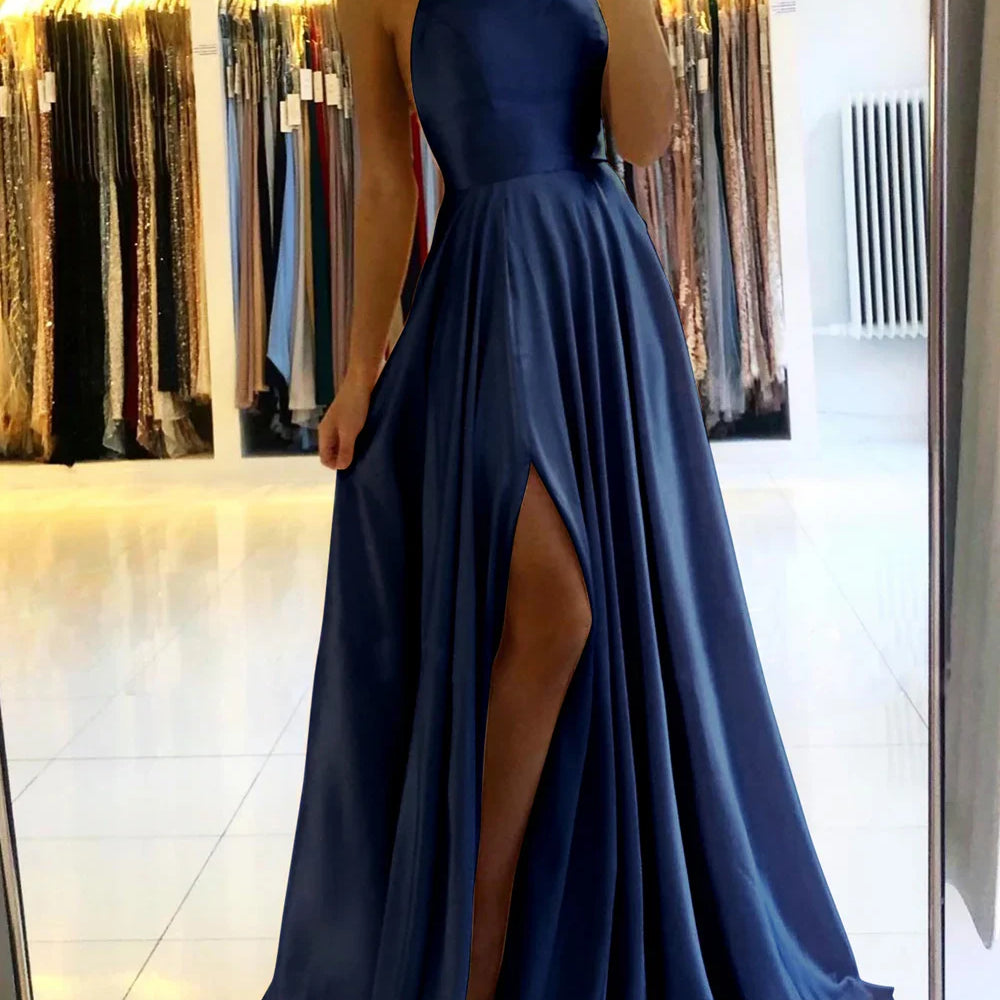 Women's Evening Prom Gown - Floor-Length Satin - Spaghetti Straps - Square Neck - High Slit