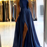 Women's Evening Prom Gown - Floor-Length Satin - Spaghetti Straps - Square Neck - High Slit