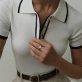 Thea | Knitted Polo Shirt - Ribbed Stretch Fabric