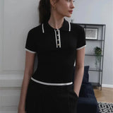 Thea | Knitted Polo Shirt - Ribbed Stretch Fabric