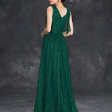 Women's Evening Prom Gown - V-Neck Sleeveless - Glitter Embellished - Floor-Length Elegant Dress
