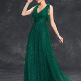 Women's Evening Prom Gown - V-Neck Sleeveless - Glitter Embellished - Floor-Length Elegant Dress