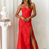 Women's Strapless Evening Prom Gown - Corset Bodice - Sweetheart Neckline - High Slit