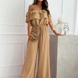 Women's Off-the-Shoulder Jumpsuit - Ruffled Neckline - Wide-Leg - Elastic Waist