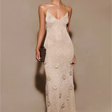 Women's Evening Prom Gown - Sleeveless Spaghetti Straps - V-Neck Floral Embellished Elegant Wear