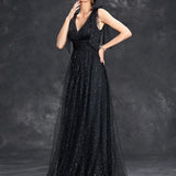 Women's Evening Prom Gown - V-Neck Sleeveless - Glitter Embellished - Floor-Length Elegant Dress