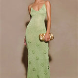 Women's Evening Prom Gown - Sleeveless Spaghetti Straps - V-Neck Floral Embellished Elegant Wear