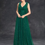 Women's Evening Prom Gown - V-Neck Sleeveless - Glitter Embellished - Floor-Length Elegant Dress
