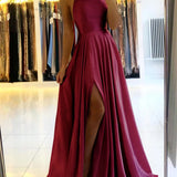 Women's Evening Prom Gown - Floor-Length Satin - Spaghetti Straps - Square Neck - High Slit