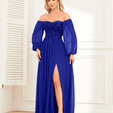 Women’s Evening Prom Gown - Off Shoulder - Sequin Bodice - Long Sleeve - High Slit Elegant Dress