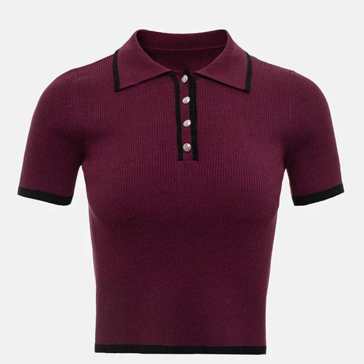 Thea | Knitted Polo Shirt - Ribbed Stretch Fabric