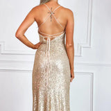 Women's Evening Prom Gown - Sequined Bodycon - V-Neck - Spaghetti Straps - High Slit