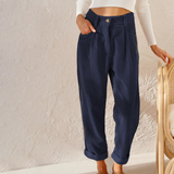 Women's Corduroy Trousers - High Waist - Straight Leg - Pleated Front - Side Pockets
