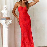 Women's Strapless Evening Prom Gown - Corset Bodice - Sweetheart Neckline - High Slit