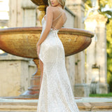 Women's Evening Prom Gown - Sequined Bodycon - V-Neck - Spaghetti Straps - High Slit