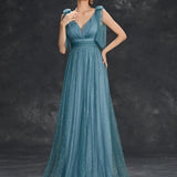 Women's Evening Prom Gown - V-Neck Sleeveless - Glitter Embellished - Floor-Length Elegant Dress