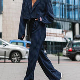 Women’s Pinstripe 2 Piece Pantsuit - Cropped Blazer & Wide Leg Trousers