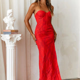 Women's Strapless Evening Prom Gown - Corset Bodice - Sweetheart Neckline - High Slit
