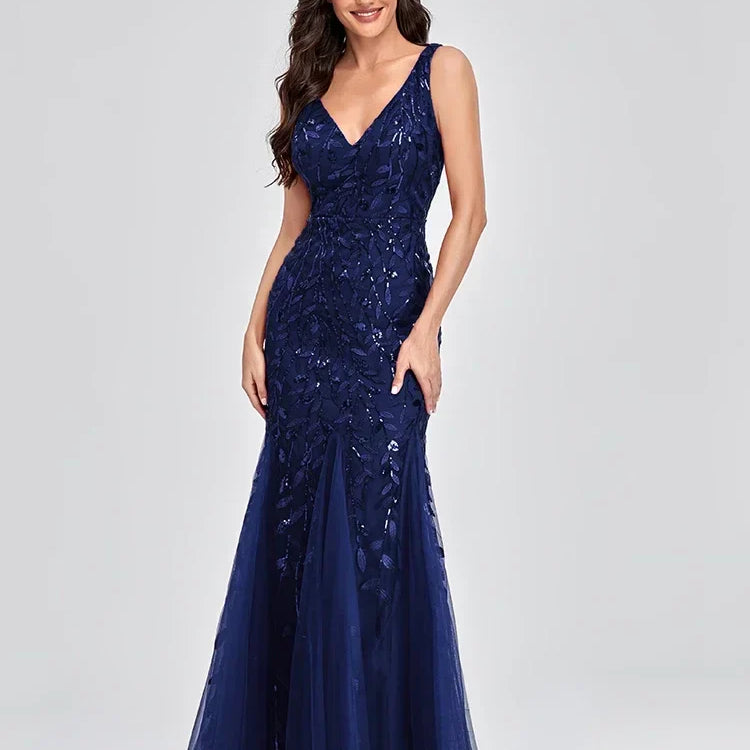 Women's Evening Prom Gown - Sleeveless V-Neck - Sequin Embellished - Floor-Length Elegant Fit