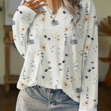 Women’s Blouse – Relaxed Fit – Long Sleeve – V-Neck – Floral Pattern – Breathable Blend