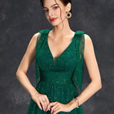 Women's Evening Prom Gown - V-Neck Sleeveless - Glitter Embellished - Floor-Length Elegant Dress
